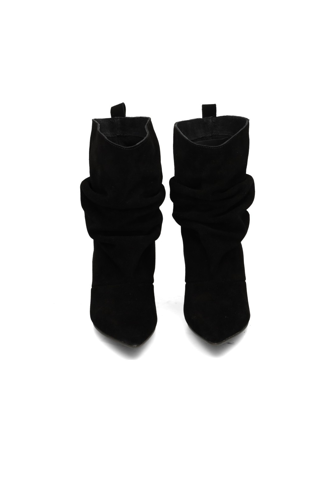Front view of Poelman PRUE black suede boots with ruched shaft