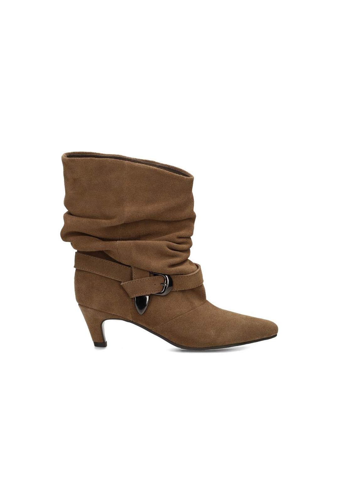 HABOOB GITHA light brown suede women’s boot with slouchy shaft, pointed toe and buckle.
