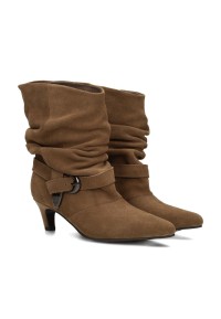 Pair of HABOOB GITHA light brown suede boots with pointed toes and heels.