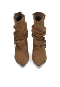 Front view of HABOOB GITHA light brown suede boots with slouchy shafts and buckle details.