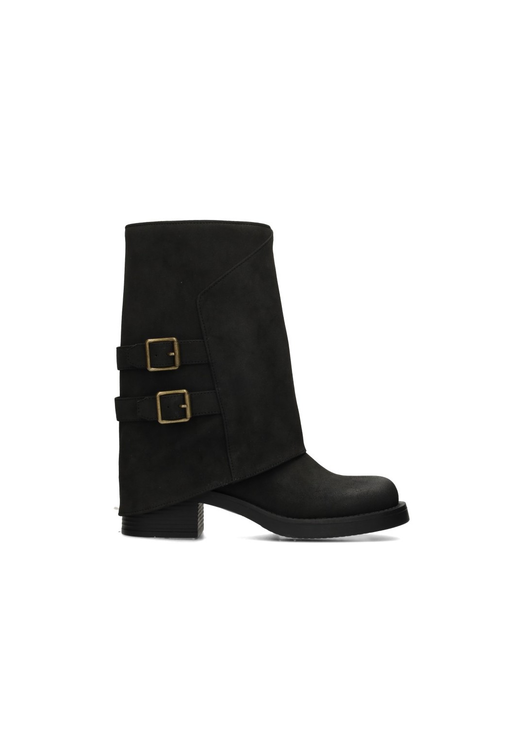 POSH by Poelman SHANTI black women's boots with double gold-tone buckles – side view