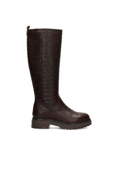 HABOOB LUNA donkerbruine leren dames laars met hoge schacht en chunky profielzool, zijaanzicht