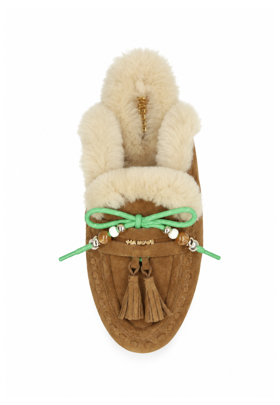 Short medium green 53 cm laces with beads styled on brown loafer