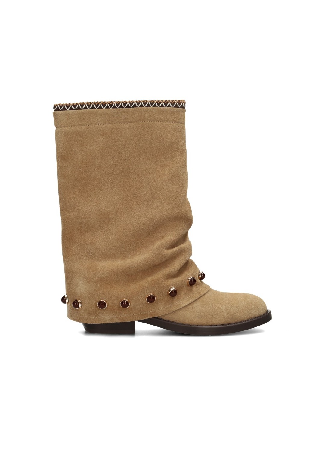 HABOOB CAMILLE beige Veloursleder-Stiefeletten mit Nieten – Seitenansicht