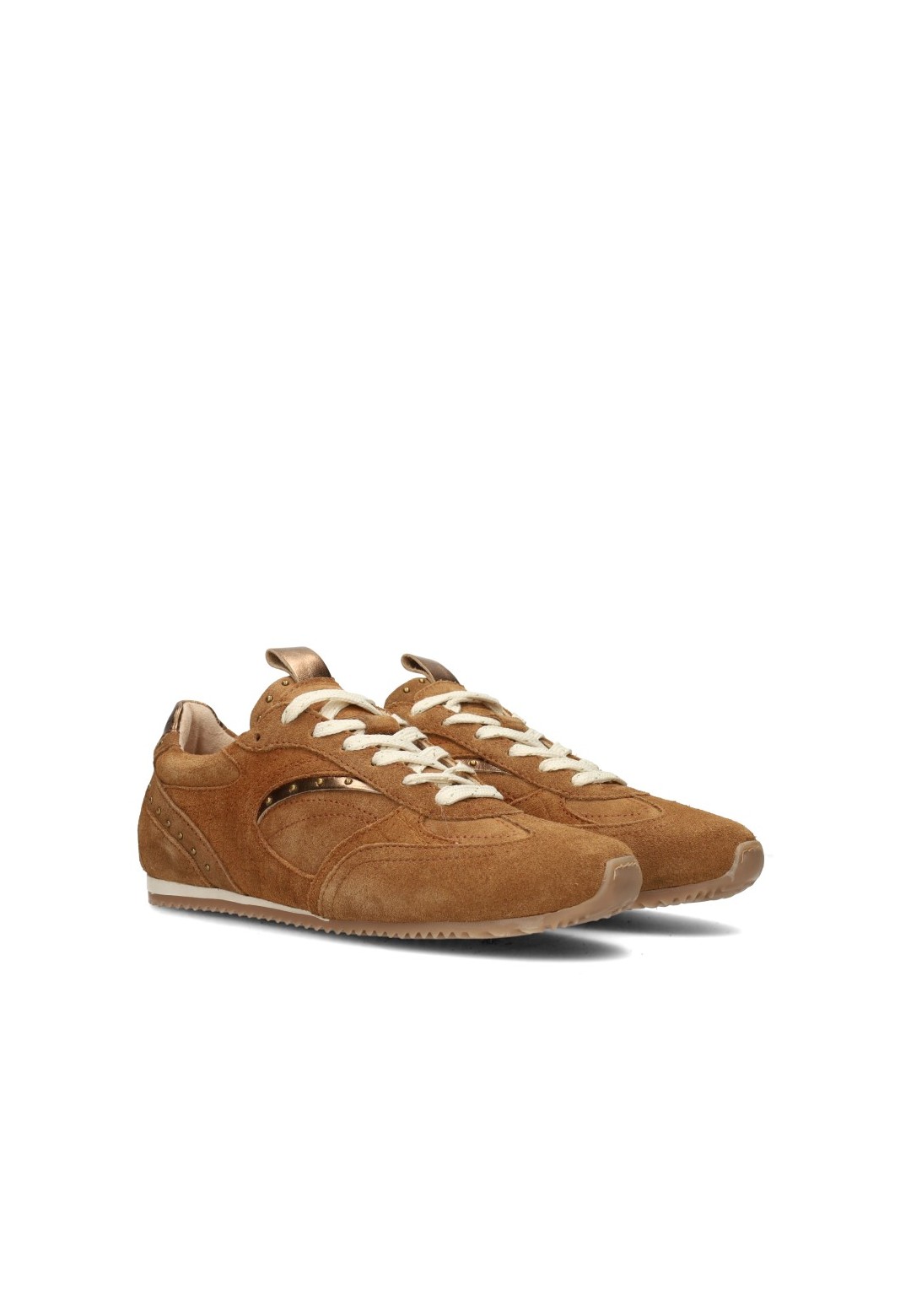 Poelman TAMARA donkerbeige suède dames sneakers schuin vooraanzicht met witte veters