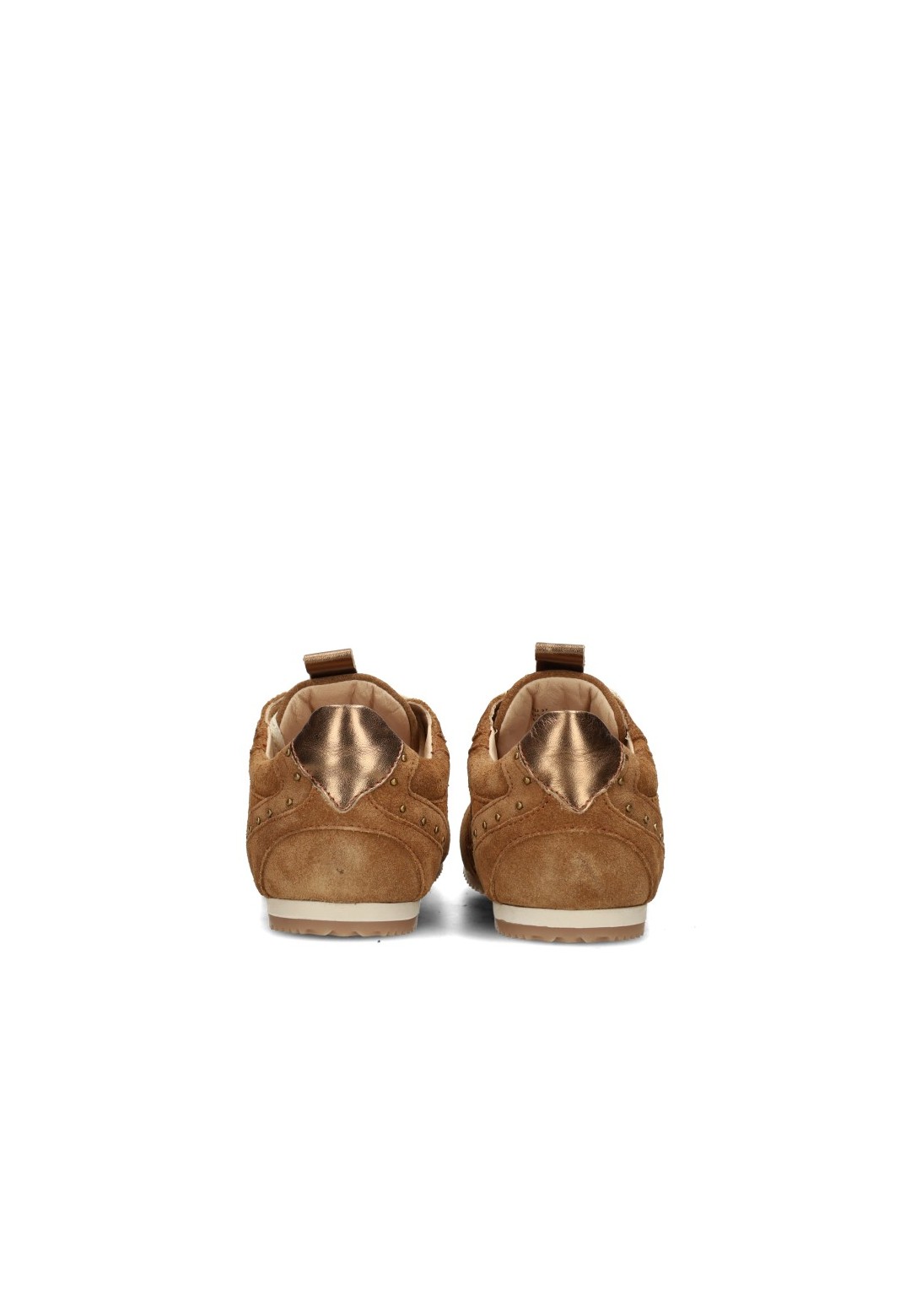 Poelman TAMARA donkerbeige suède sneakers achteraanzicht met metallic hiel