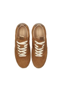 Poelman TAMARA Damen Sneaker aus dunkelbeigem Wildleder Draufsicht mit weißen Schnürsenkeln