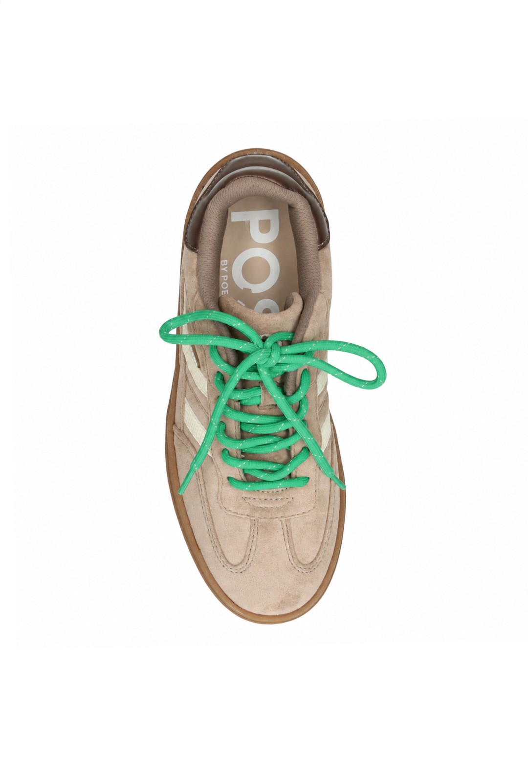 Brown Poelman sneaker with green and beige shoelaces and decorative beads.