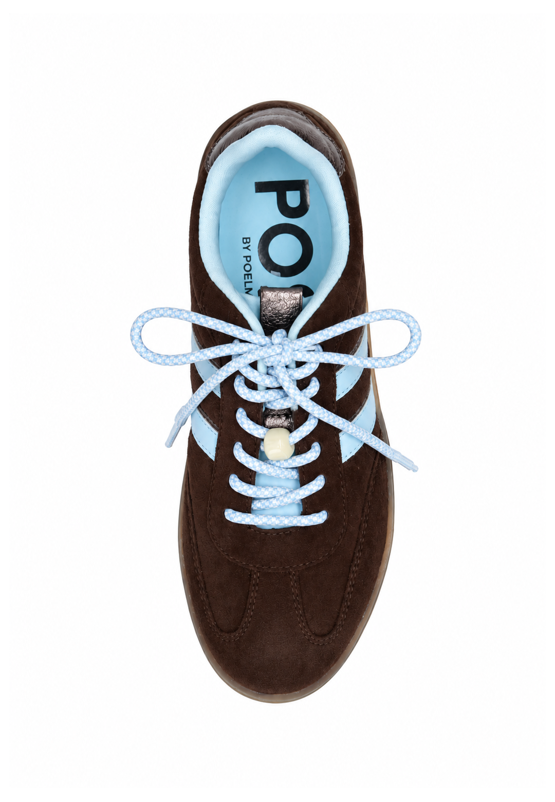 Long light blue laces in dark brown sneaker.