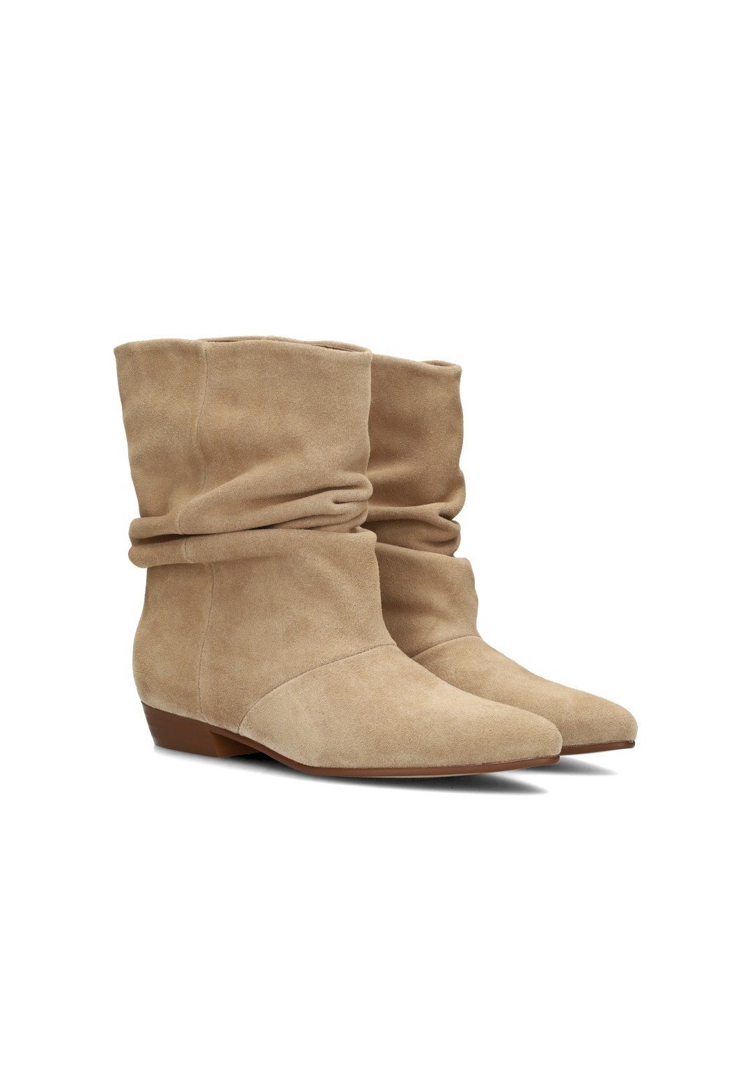 Poelman VIANA beige suède laarzen met spitse neus en lage hak – schuin zijaanzicht