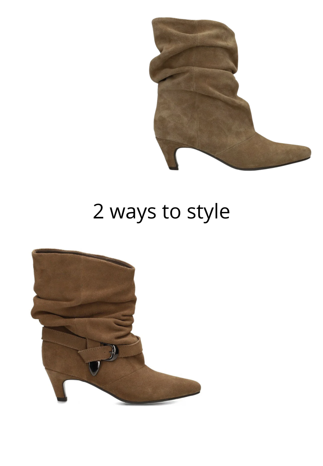 Light brown suede ankle boot with slouchy shaft, pointed toe and gold-tone buckle.