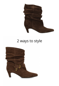 Brown suede ankle boot with slouchy shaft, pointed toe and gold-tone buckle.