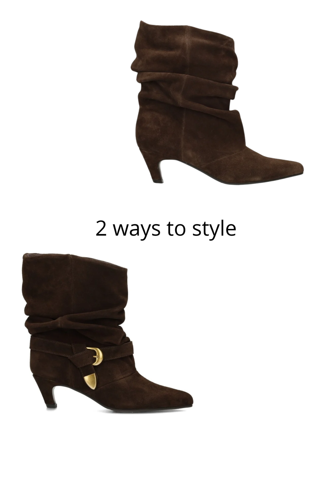 HABOOB GITHA dark brown suede ankle boots styled two ways, with and without a gold-tone buckle.